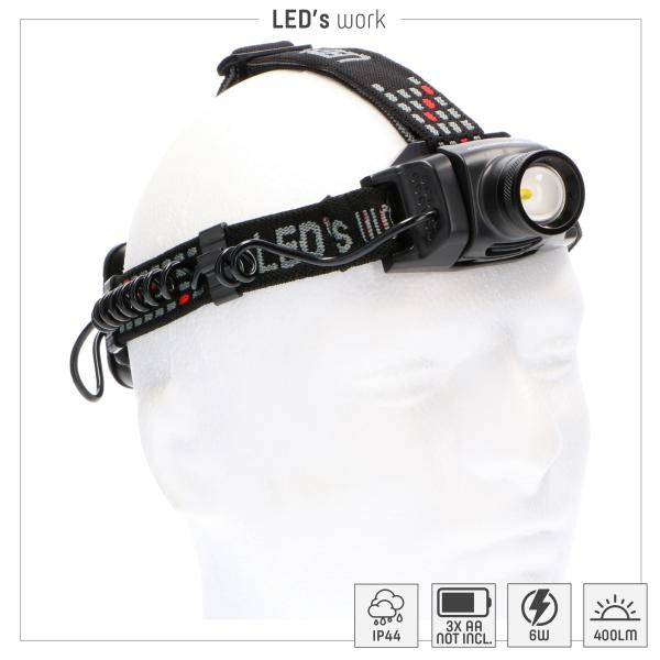 SHADA LED Kopflampe Stirnlampe 6W 400lm, IP44, 3xAA - CREE Zoom (0700342)